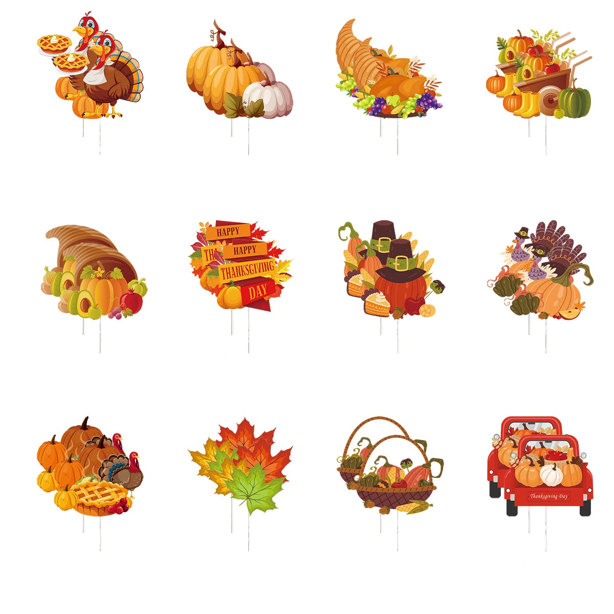 12/24pcs Thanksgiving Cupcake Topper Pumpkin Maple Cake Topper Fall Themed Turkey Food Picks Autumn Thanksgiving Cake Decoration