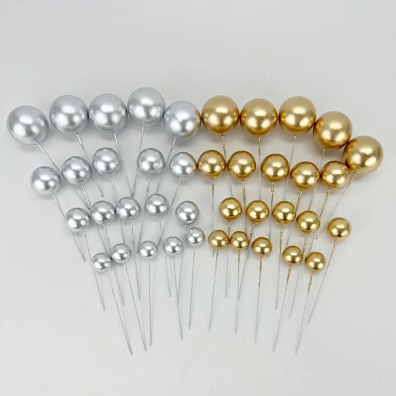 20pcs Gold & Silver Cake Toppers – Happy Birthday Ball Picks for Cupcakes, Wedding & Christmas Decorations