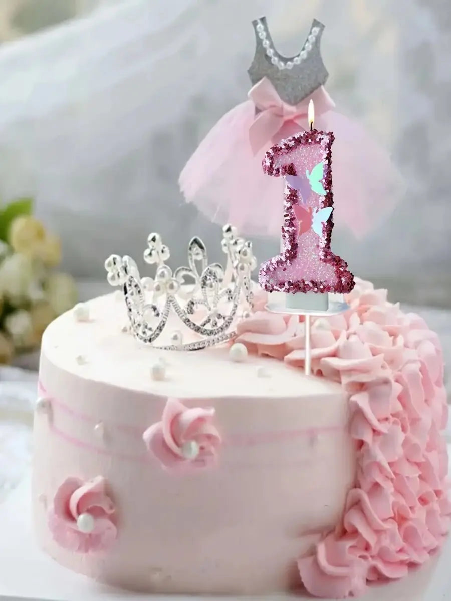 2.9inch Glitter Pink Butterfly Decorated Birthday Number Candle, Cake Decoration Sequin Butterfly Happy Birthday Gift Candles