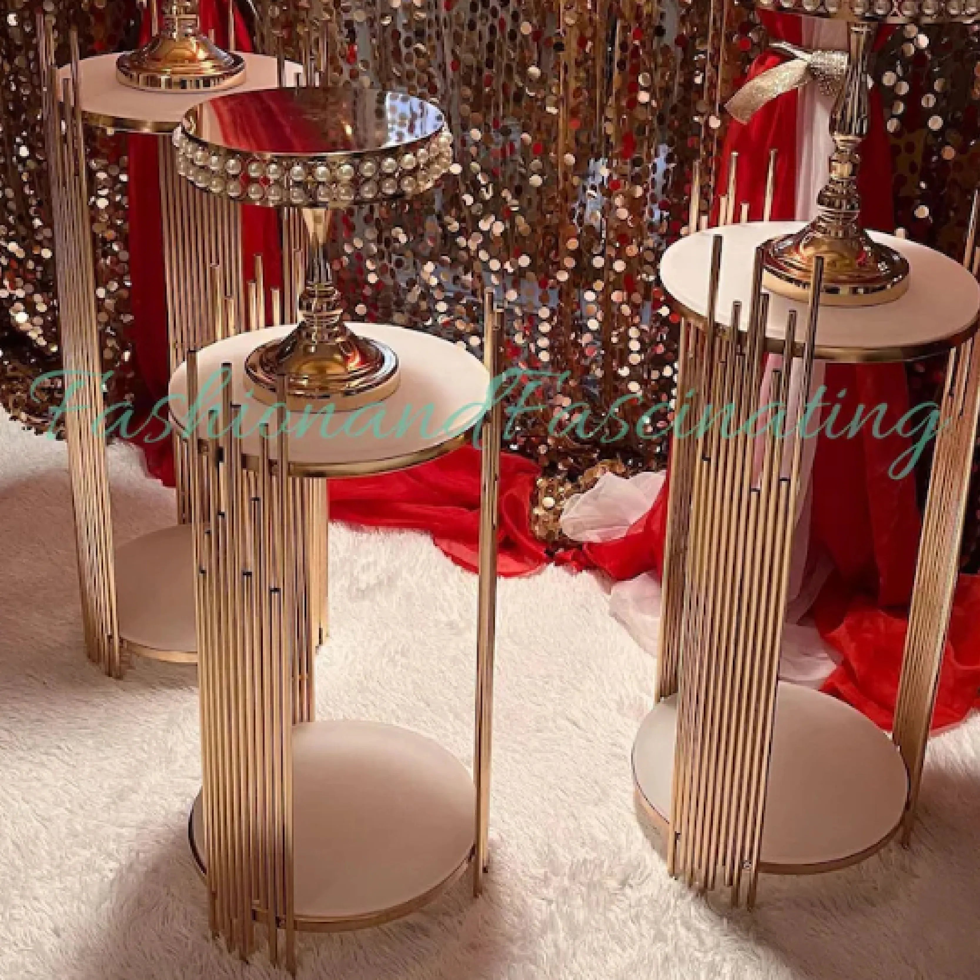 3pcs Gold Round Metal Cylinders Wedding Stands Wedding Cake Flower Display Stands Home Decor Birthday Party Backdrop Supplies