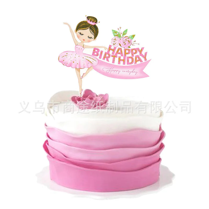 Pink Ballerina Girl Cake Topper Toppers Crown Dress Kids Happy Birthday Wedding Party Baby Shower Baking Cake Dessert DIY Decor