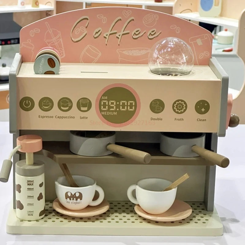 Children Coffee Machine Toy Set Wooden Kitchen Supplies Coffee Machine Model Children Play Simulation Coffee Cake Pretend Toys