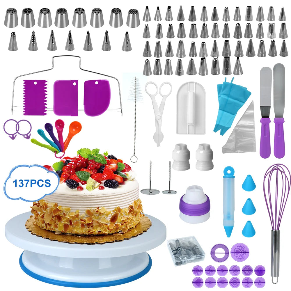 Rotating Stand Pastry Turntable Kit Cake Decorating Tools Kit Piping Nozzle 137Pcs Baking Tools Accessories Piping Bag Set