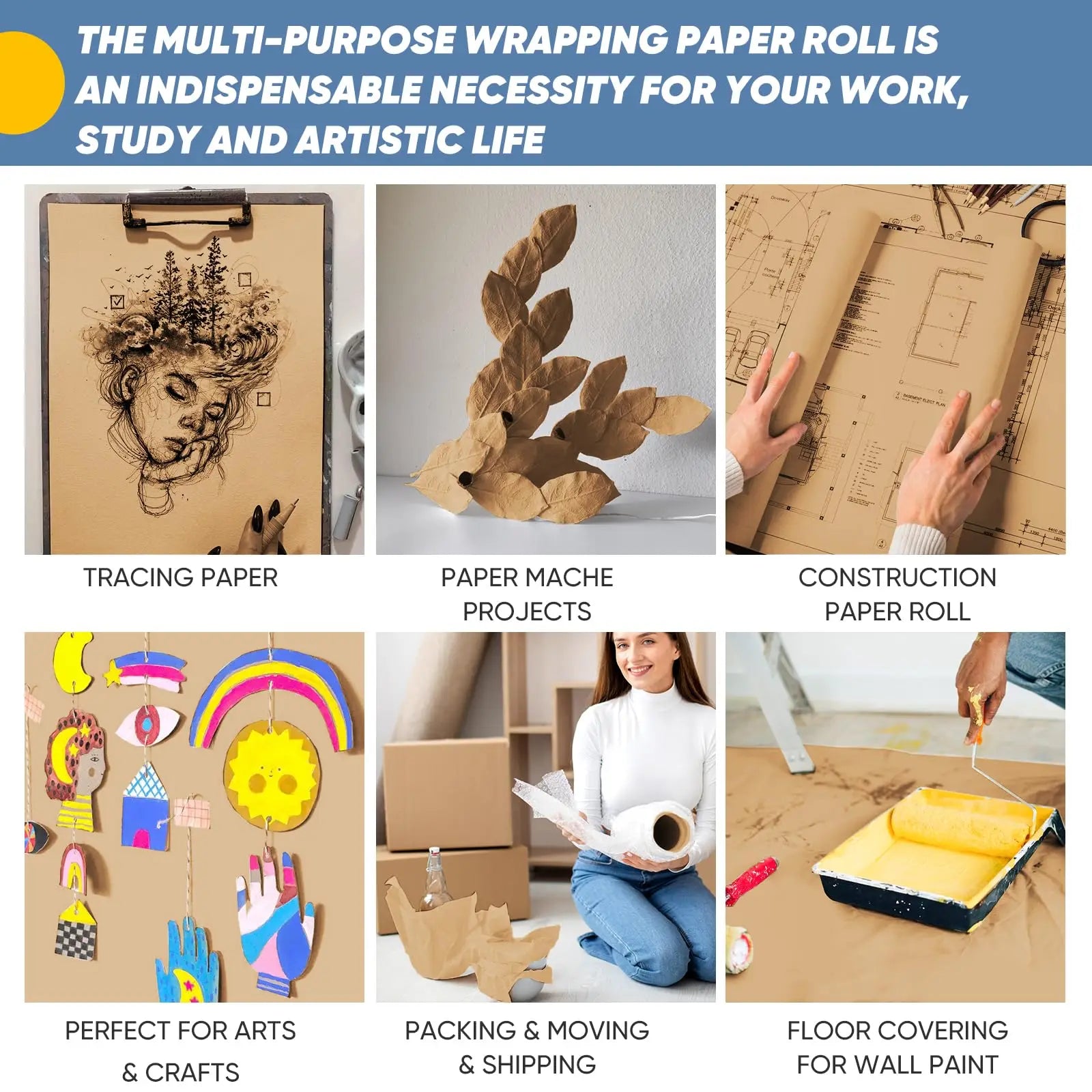 Kraft Paper Roll – Brown Wrapping Paper for Gifts, Crafts, Shipping & Floor Covering (100% Recycled)