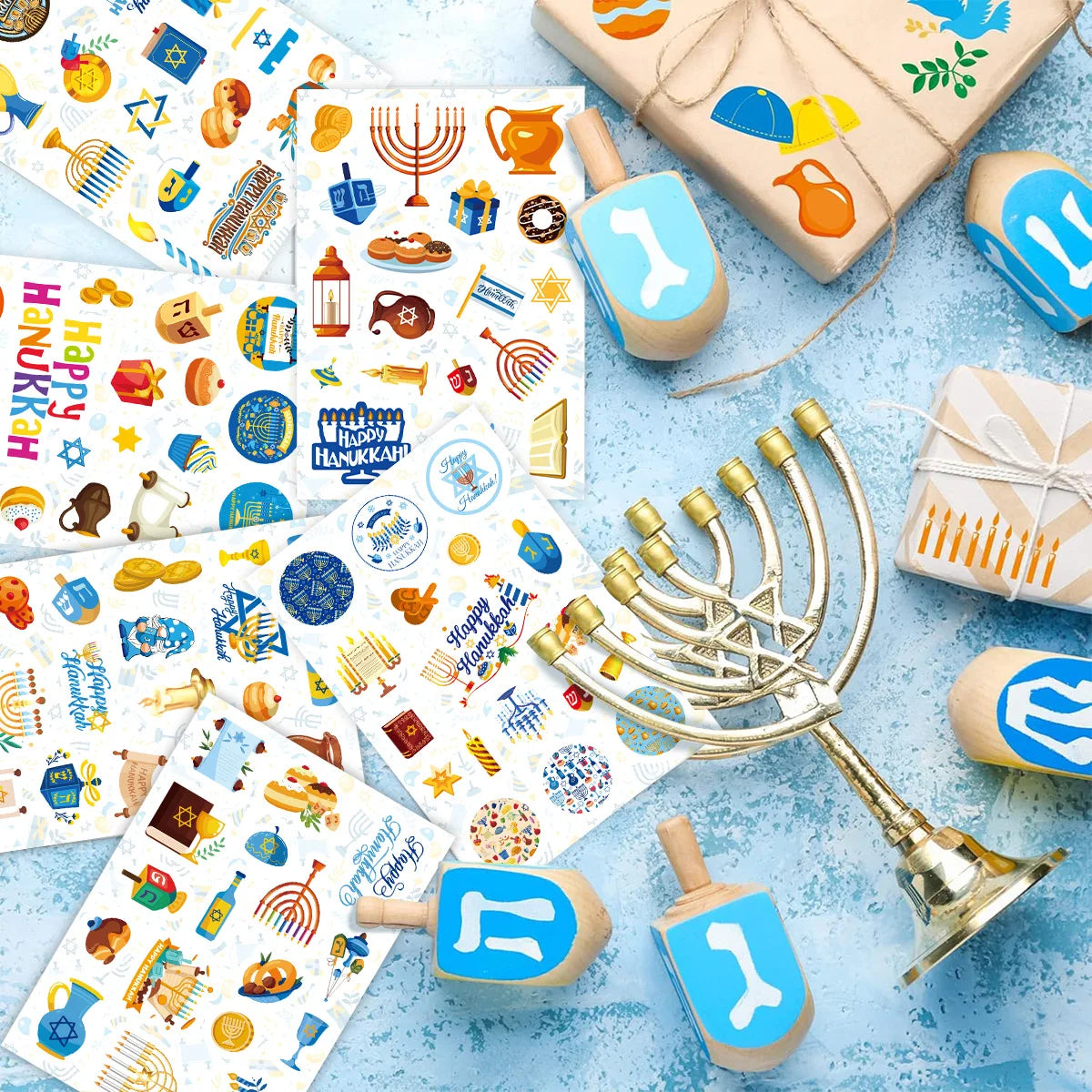 6 Sheets Cartoon Hanukkah Theme Candle Sealing Sticker Chanukah Round Gift Box Label for Jewish Happy Hanukkah Party Decoration