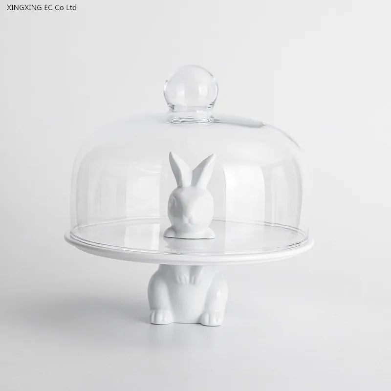 Nordic Cute Rabbit Cake Dish Ceramic Fruit Platter Dessert Dish Glass Cover Simple Household Birthday Party Wedding Supplies