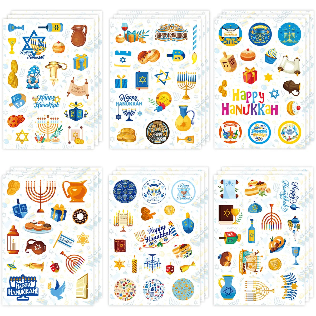 6 Sheets Cartoon Hanukkah Theme Candle Sealing Sticker Chanukah Round Gift Box Label for Jewish Happy Hanukkah Party Decoration