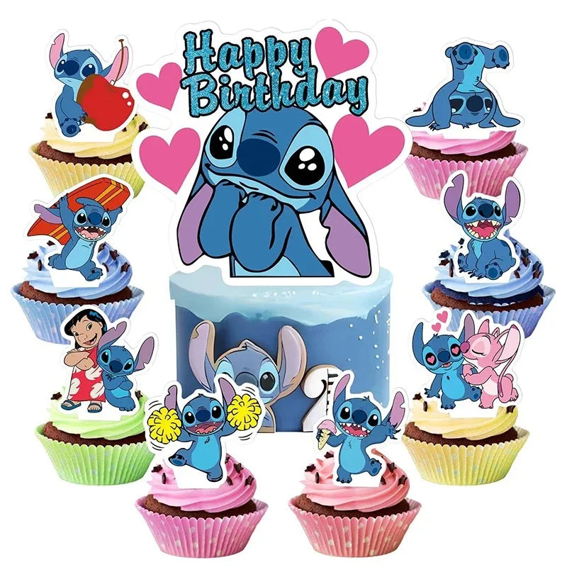 Lilo & Stitch Blue Glitter Cake Toppers Kids Favor Pink Angel Party Cake Topper Cupcake Topper for Kid Birthday Decor Baby Showe