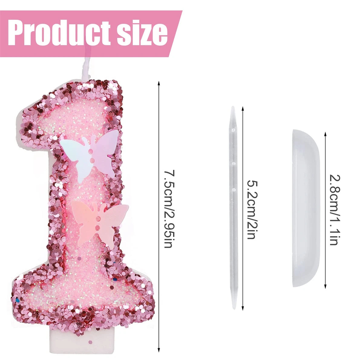 2.9inch Glitter Pink Butterfly Decorated Birthday Number Candle, Cake Decoration Sequin Butterfly Happy Birthday Gift Candles