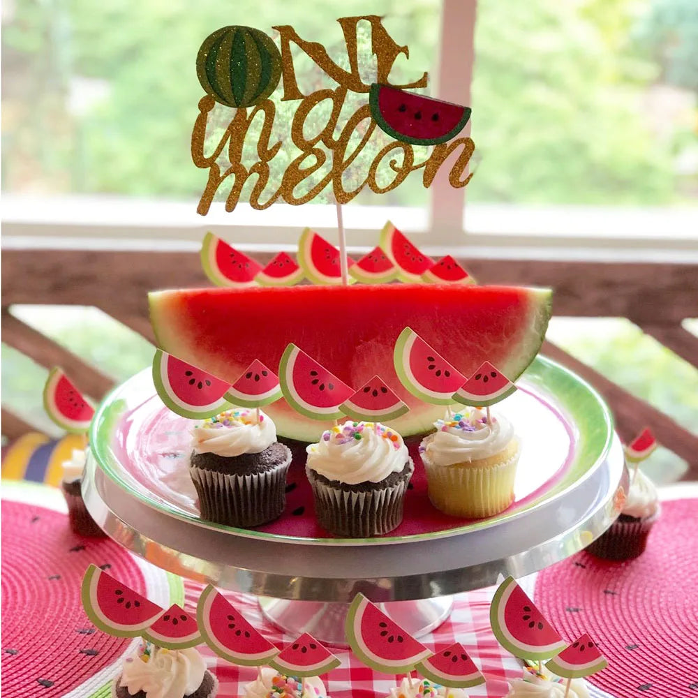 One in a Melon Cupcake Topper Baby Kids 1st Birthday Party Cake Decor Watermelon Themed Party Supplies Baby Shower Girl Birthday