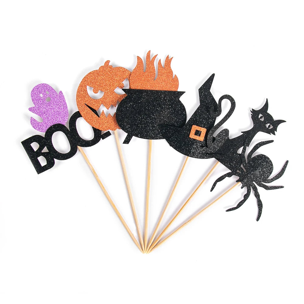 Halloween Cupcake Toppers Glitter Ghost Pumpkin Cat Boo Witch cake Picks for Happy Halloween Theme birthday party Baking Decor