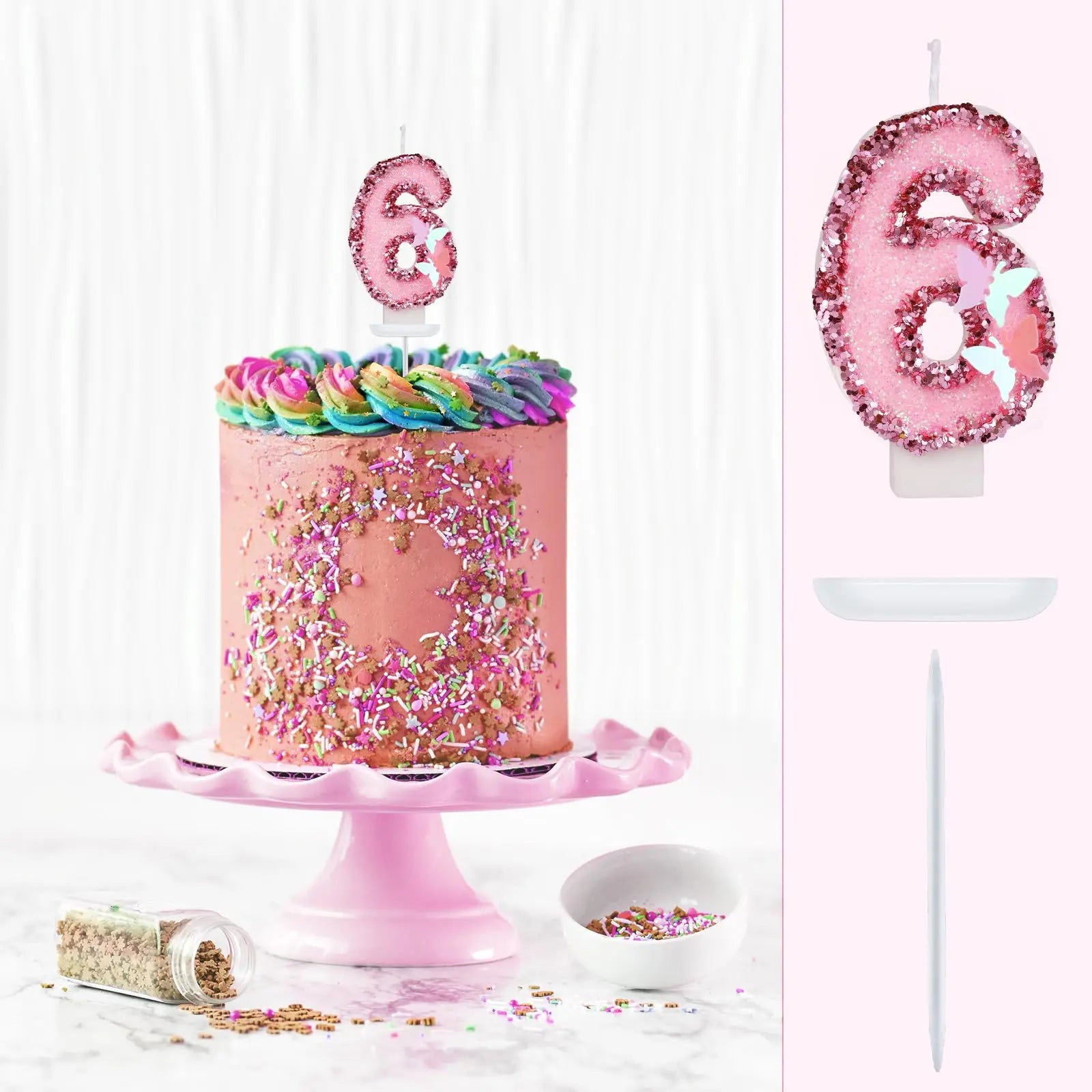2.9inch Glitter Pink Butterfly Decorated Birthday Number Candle, Cake Decoration Sequin Butterfly Happy Birthday Gift Candles