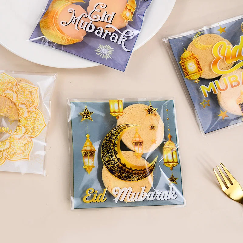 100Pcs Eid Mubarak Candy Cookie Bag Plastic Moon Star Gift Baking Packing Bags 2025 Muslim Islamic Party Supplies Ramadan Kareem
