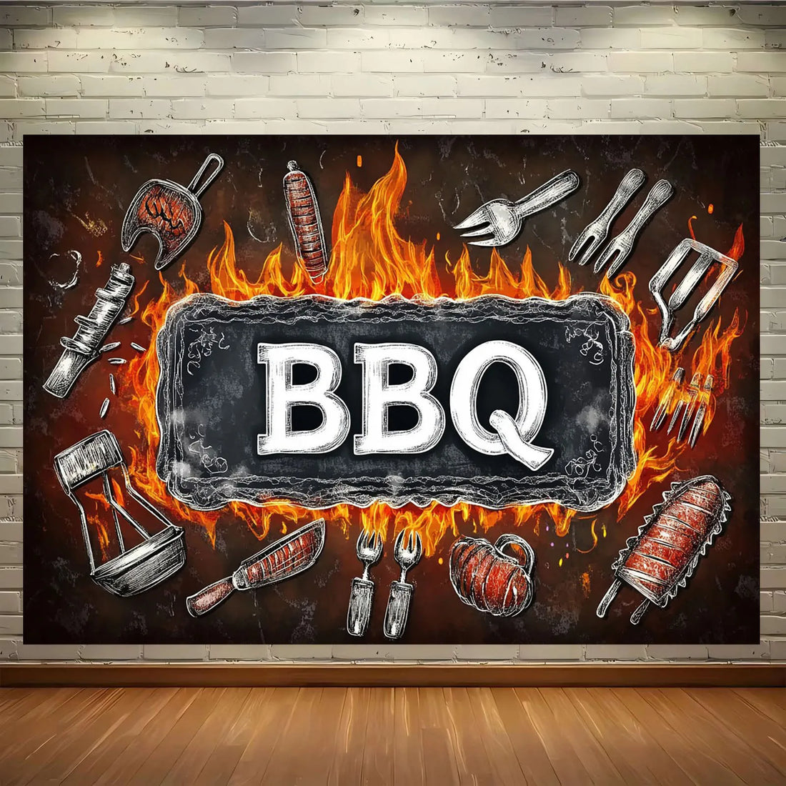 1 barbecue party banner background - polyester fabric, featuring bold barbecue letters and barbecue tool designs