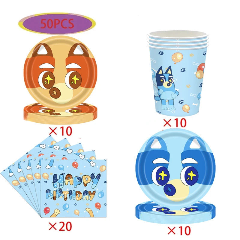 Cartoon Animation Bluey Theme Birthday Party Supplie Disposable Tableware Paper Plate Paper Cup Tissues Baby Shower Decor Supply