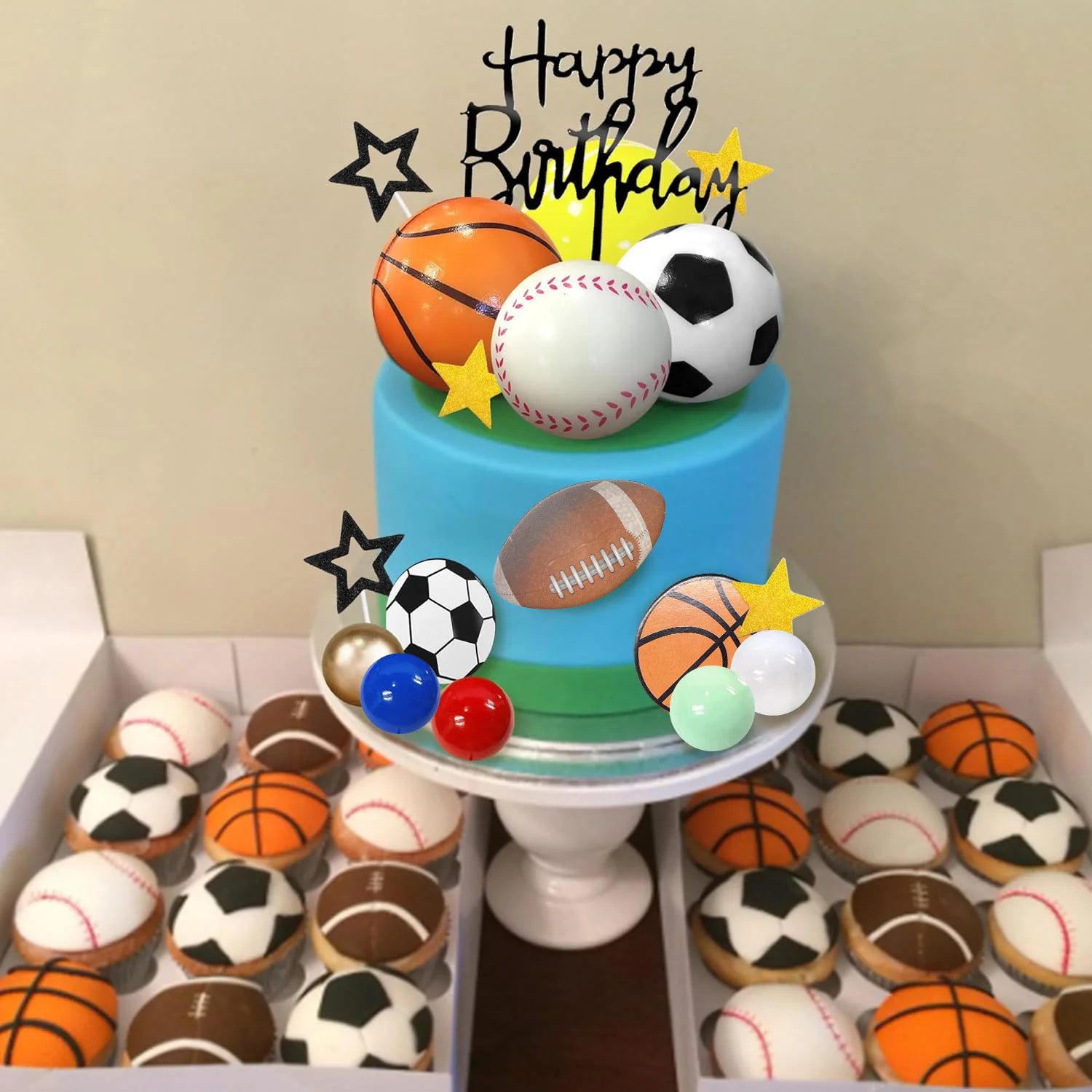 37 PCS Sports Cake Toppers Sports Cake Decoration with Soccer Football Baseball Basketball Tennis Golf for Boys Men Sports Theme