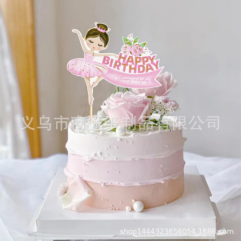 Pink Ballerina Girl Cake Topper Toppers Crown Dress Kids Happy Birthday Wedding Party Baby Shower Baking Cake Dessert DIY Decor
