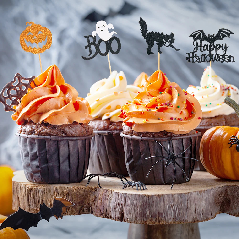 Halloween Cupcake Toppers Glitter Ghost Pumpkin Cat Boo Witch cake Picks for Happy Halloween Theme birthday party Baking Decor