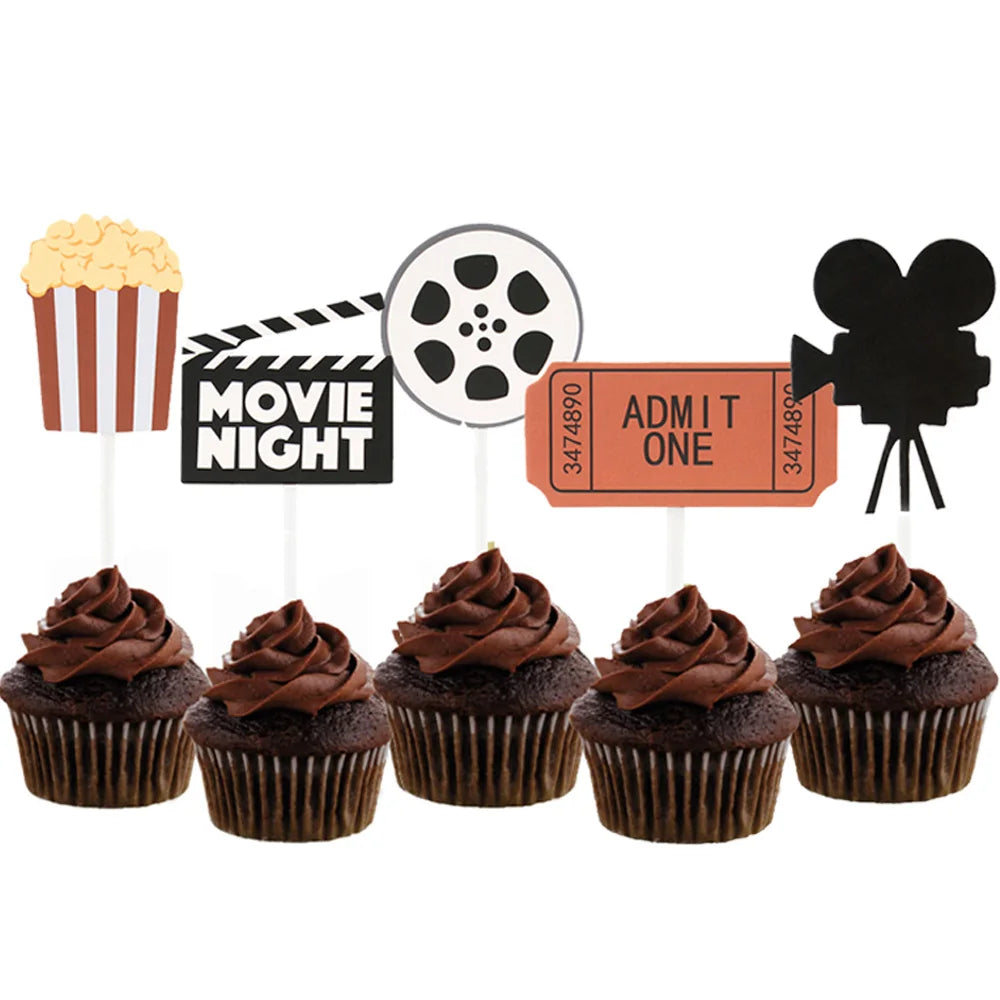 Movie Themed Party cake decor Cake topper banner Popcorn Cinema Ticket Lamplight Camera Movie Night Party Decoration cake topper
