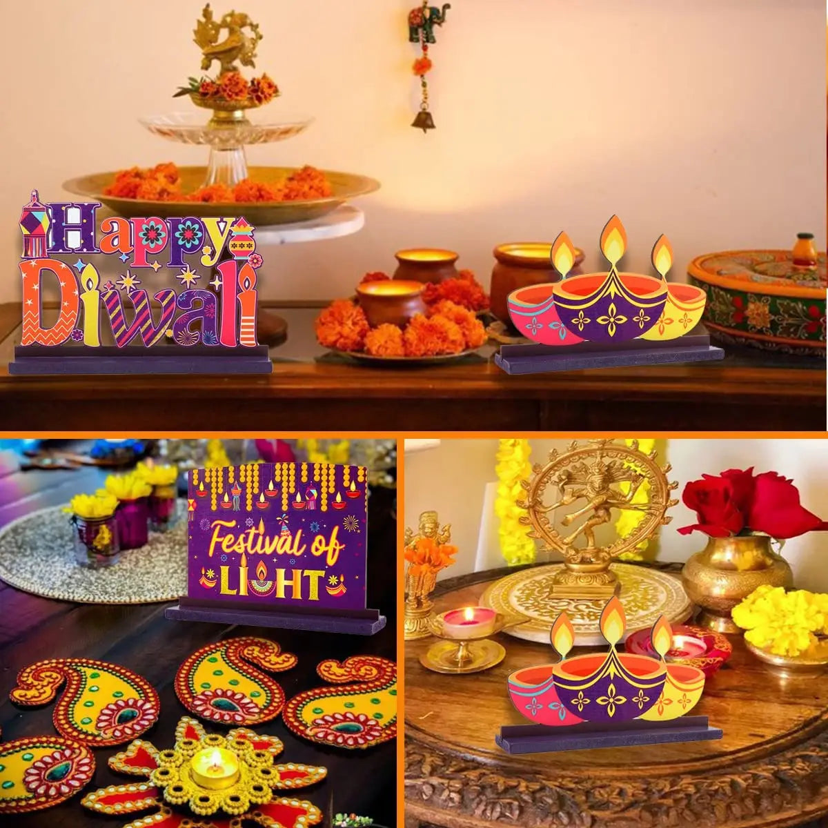 Cheereveal 3 Pcs Happy Diwali Table Decorations Indian Deepawali Wooden Centerpieces Ornament for Hindu Festival of Lights Decor