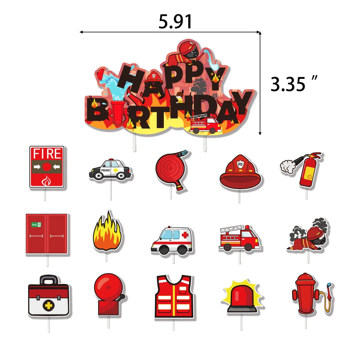 Fireman Cake Topper Cupcake Toppers Fire Hydrant Truck Firefighter Helmet Theme for Kids Boy Girl Happy Birthday Cake Decoration
