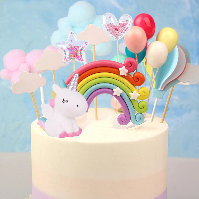 Unicorn Girls Cake Topper Kids 1st Birthday Decor Cloud Rainbow Balloon Cupcake Toppers Baby Shower Christening Cake Decorating