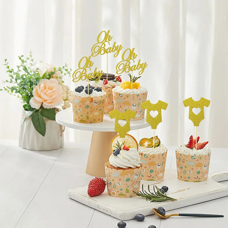 18pcs Glitter Paper Cupcake Toppers Oh Baby Cake Topper 1st Birthday Cake Decor oh Baby Girl Boy Baby Shower Party Cake Supplies
