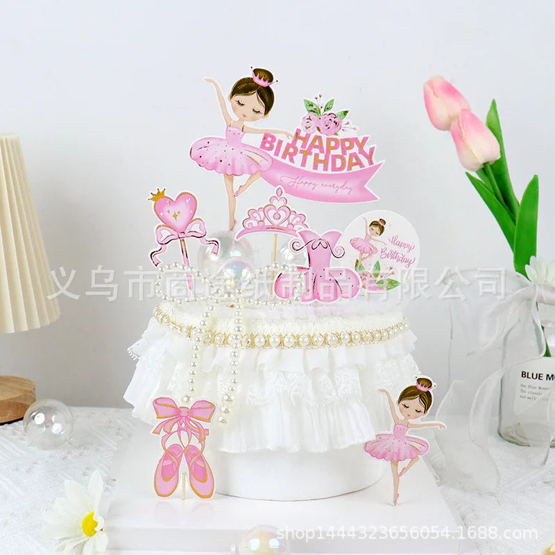 Pink Ballerina Girl Cake Topper Toppers Crown Dress Kids Happy Birthday Wedding Party Baby Shower Baking Cake Dessert DIY Decor