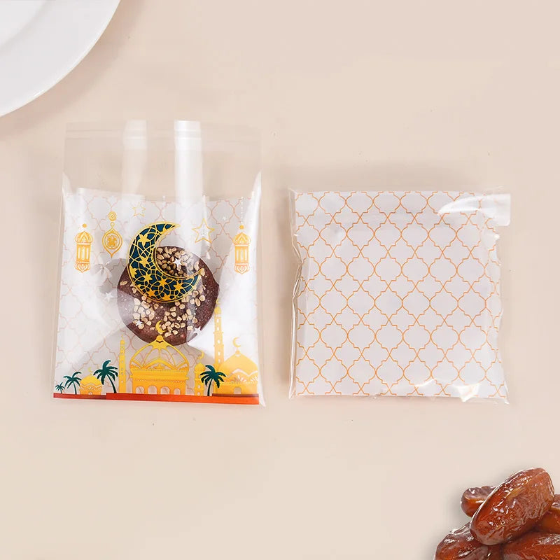 100Pcs Eid Mubarak Candy Cookie Bag Plastic Moon Star Gift Baking Packing Bags 2025 Muslim Islamic Party Supplies Ramadan Kareem