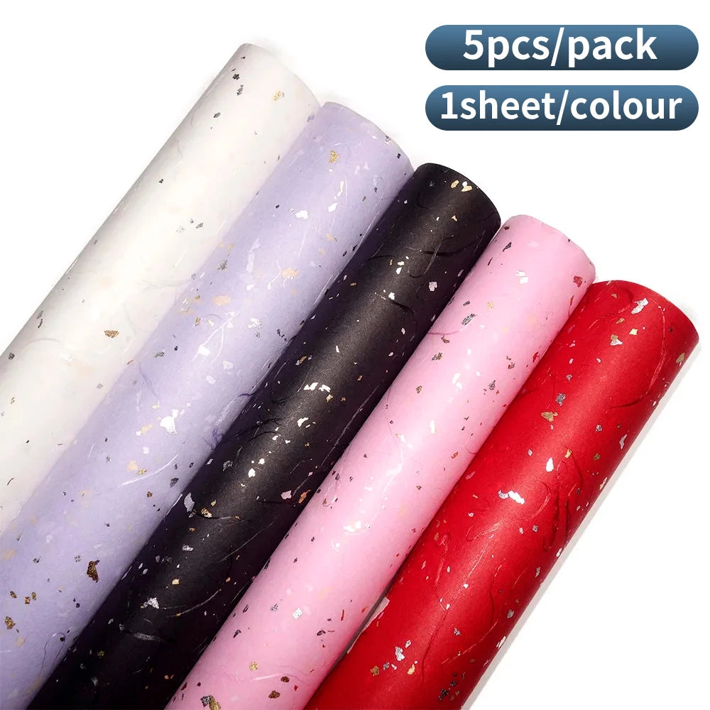 Korean Floral Wrapping Paper Set – 5 Sheets in 6 Colors with Gold/Silver Sparkle Accents