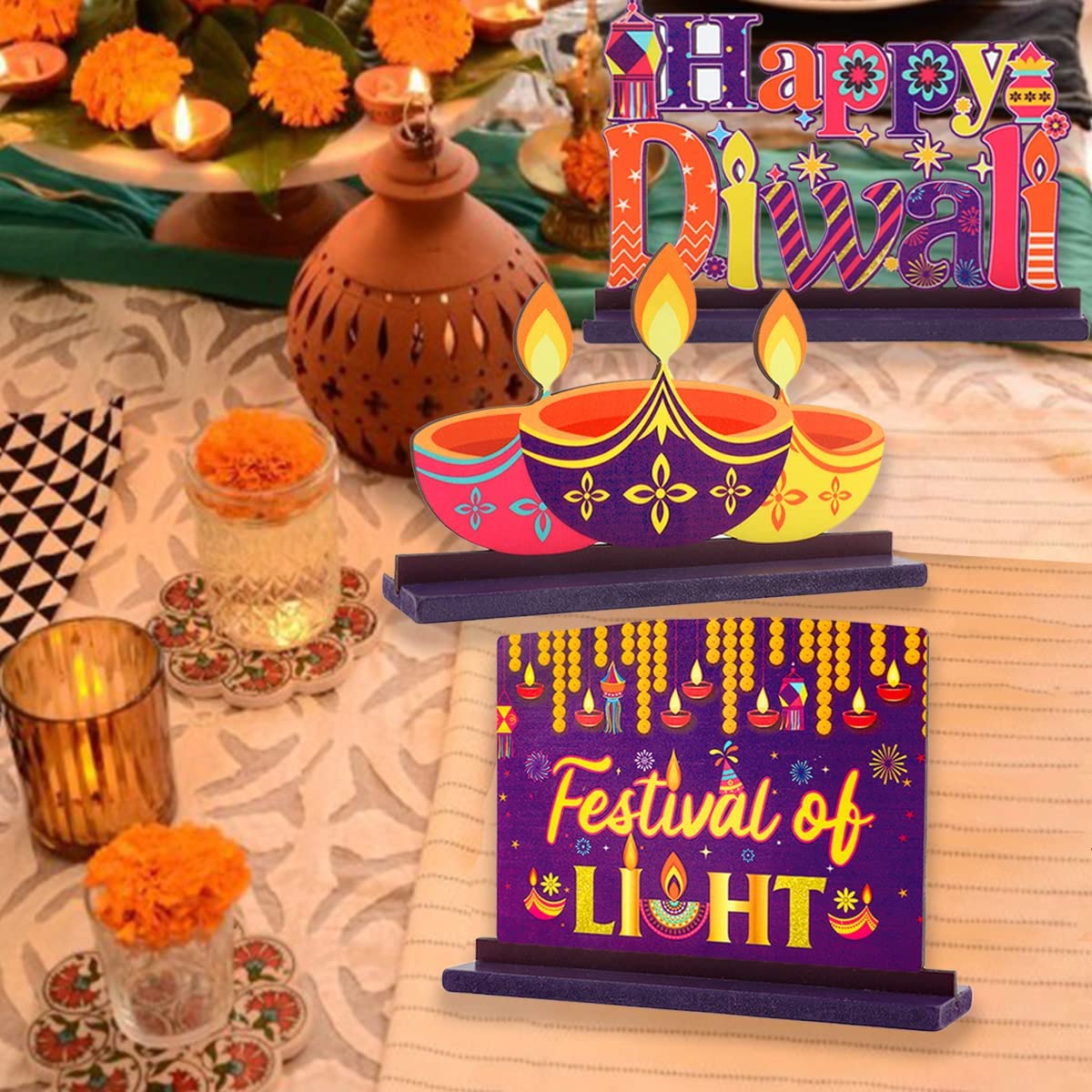 Cheereveal 3 Pcs Happy Diwali Table Decorations Indian Deepawali Wooden Centerpieces Ornament for Hindu Festival of Lights Decor