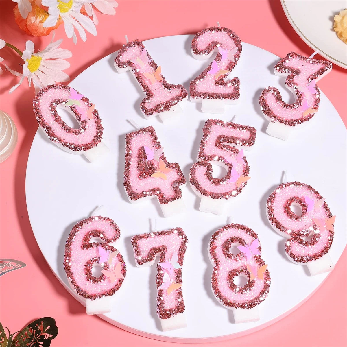 2.9inch Glitter Pink Butterfly Decorated Birthday Number Candle, Cake Decoration Sequin Butterfly Happy Birthday Gift Candles