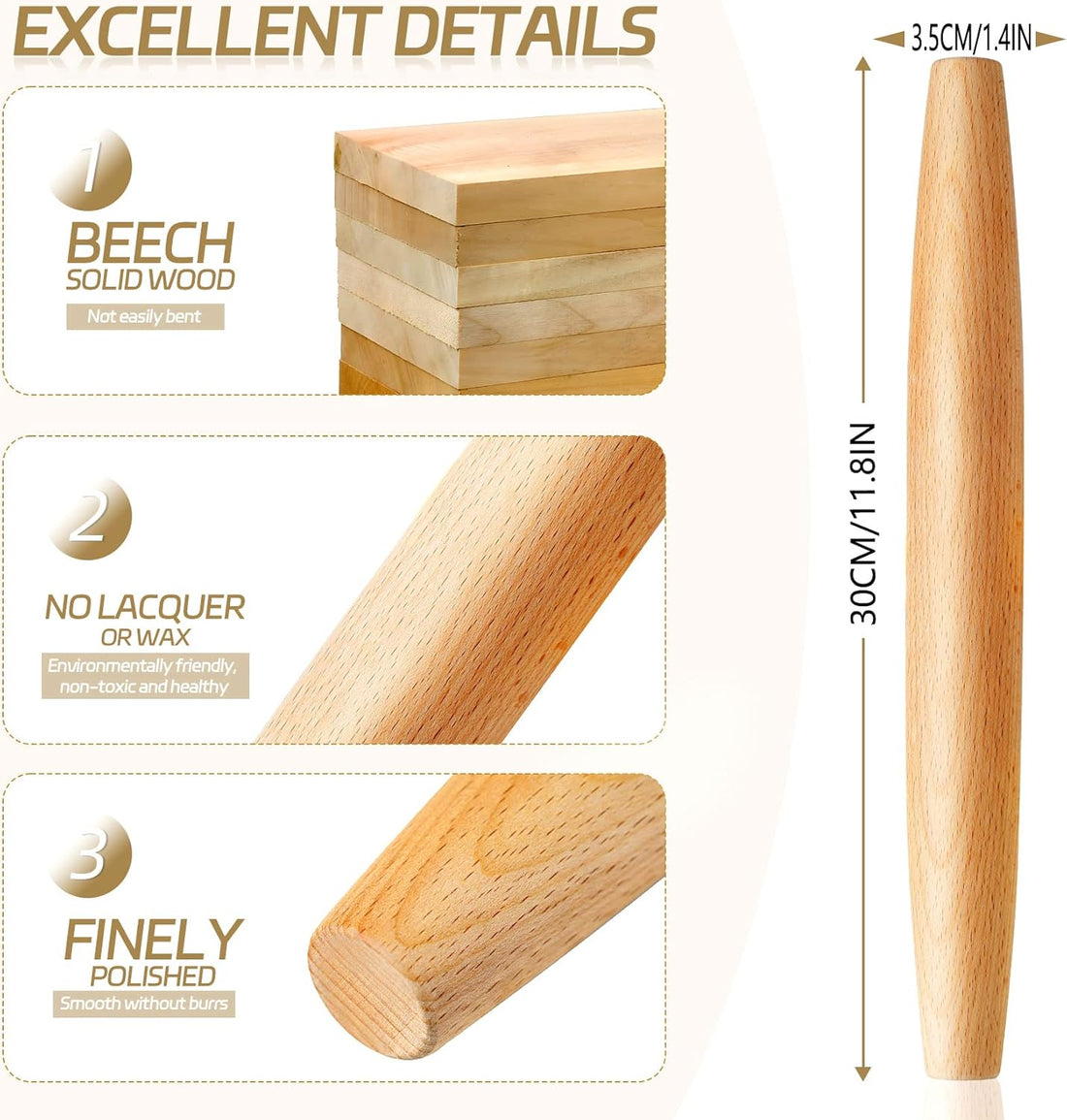 Classic French Rolling Pin for Baking - Beech Wood Tapered Rolling Pin Dough Roller for Pizza Dough, Pie Crust Cookie Fondant Dumpling 11.81-Inch