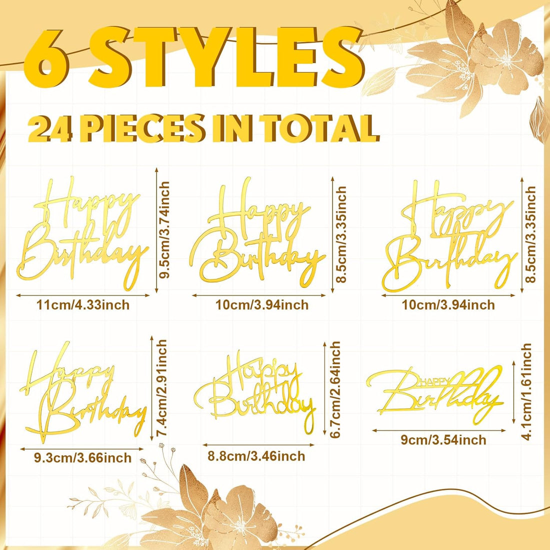 24 Pieces Gold Happy Birthday Cake Toppers Mirror Acrylic Cupcake Topper Happy Birthday Sign for Cake Side Cupcake Decorations, 6 Styles