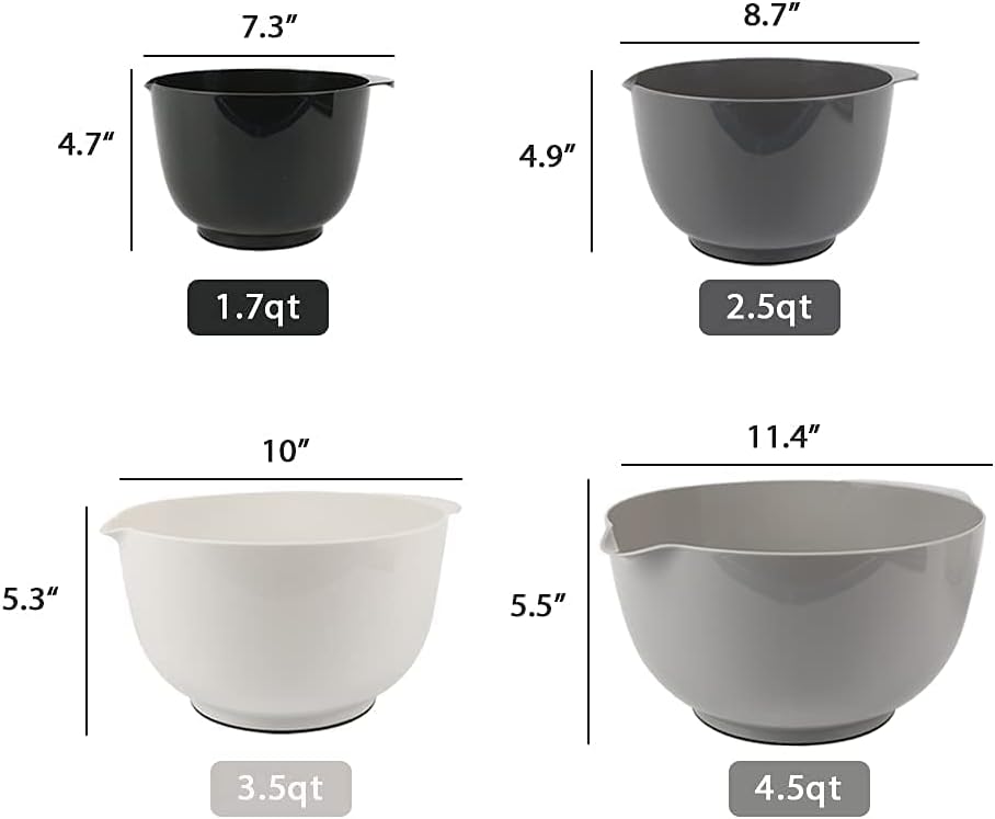Classic Mixing Bowl Set, BPA Free Plastic, Microwave and Dishwasher Safe (Set of 4, Grey),3.5 quarts