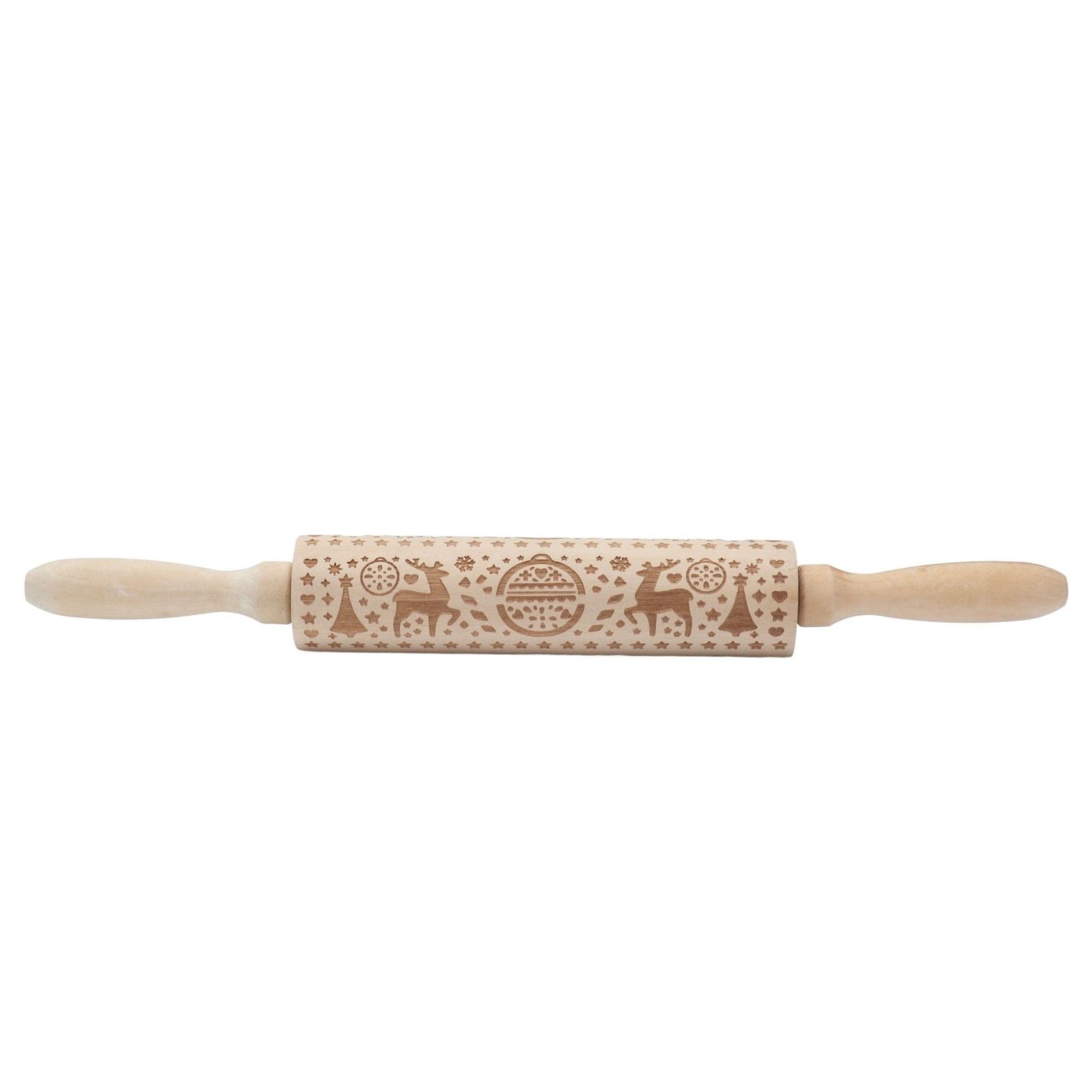 Christmas Rolling Pin Christmas Embrossed Wooden Rolling Pins with Reindeer Pattern for Baking Cookies Kitchen Tool