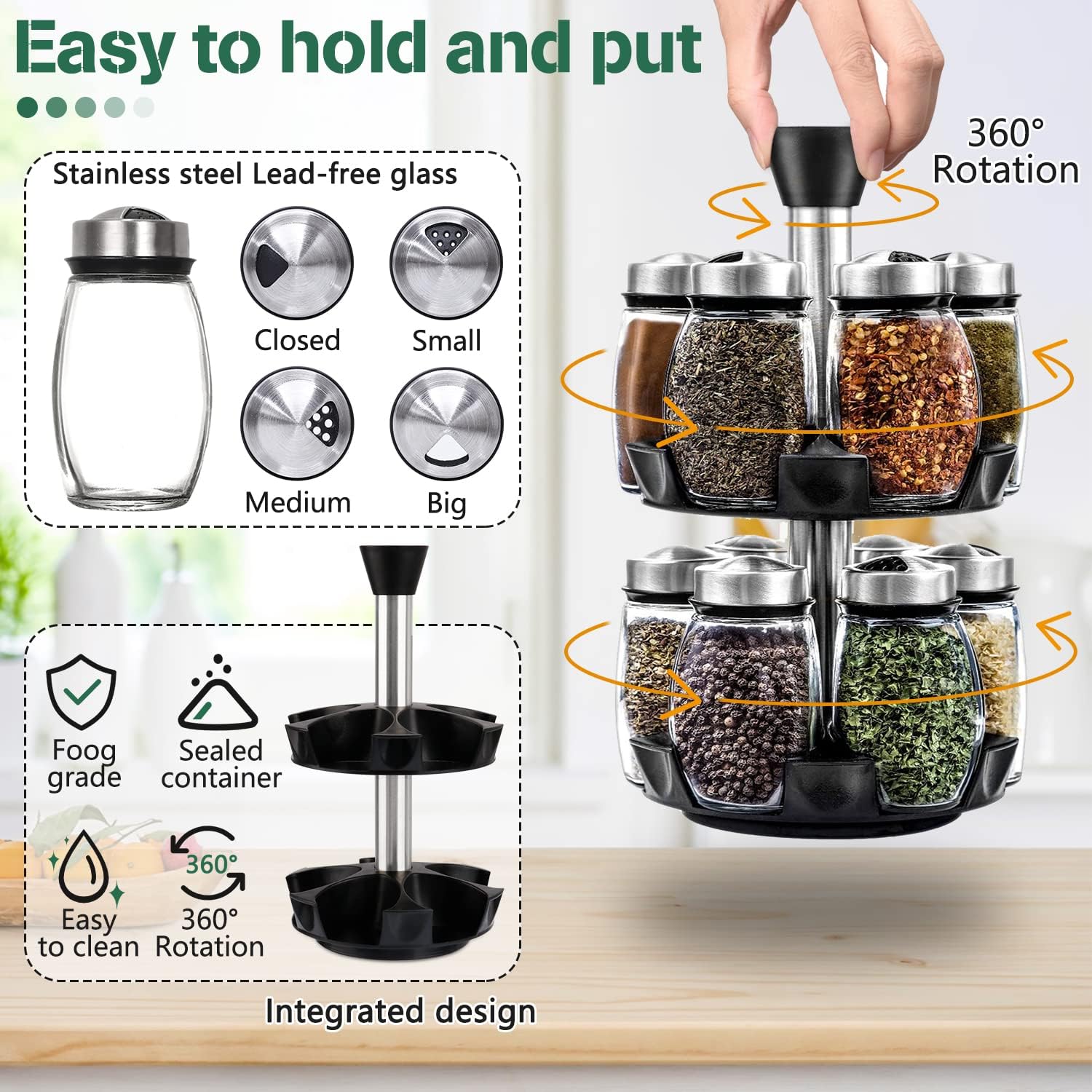 CARLA HOME Rotating Spice Rack Organizer with 12 Glass Jars for Kitchen Seasoning and Herb Storage