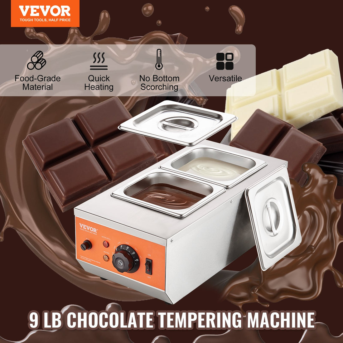 Chocolate Tempering Machine, 2 Tanks Chocolate Melting Pot with TEMP Control, 800W Stainless Steel Electric Commercial Food Warmer For Chocolate/Milk/Cream Melting and Heating