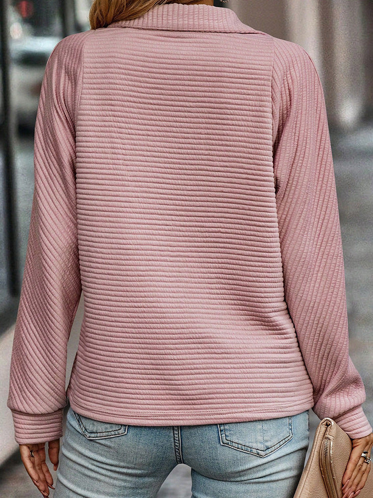 Zipper Stand Collar Pullover Sweatshirt Fashion Solid Striped Long Sleeve Top Spring And Autumn Women&