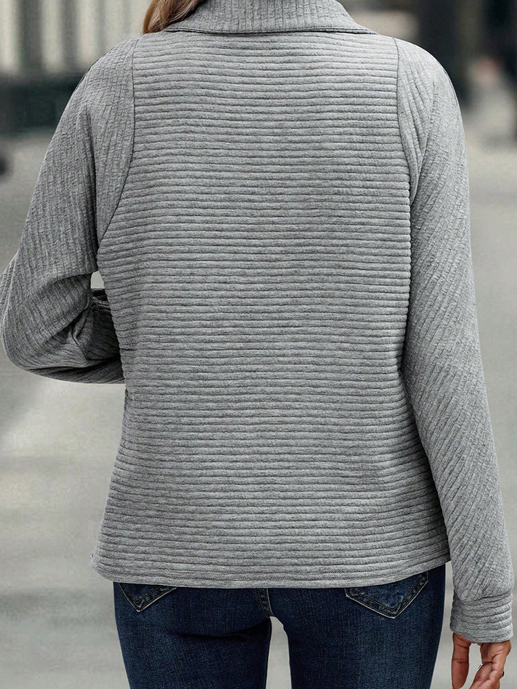 Zipper Stand Collar Pullover Sweatshirt Fashion Solid Striped Long Sleeve Top Spring And Autumn Women&