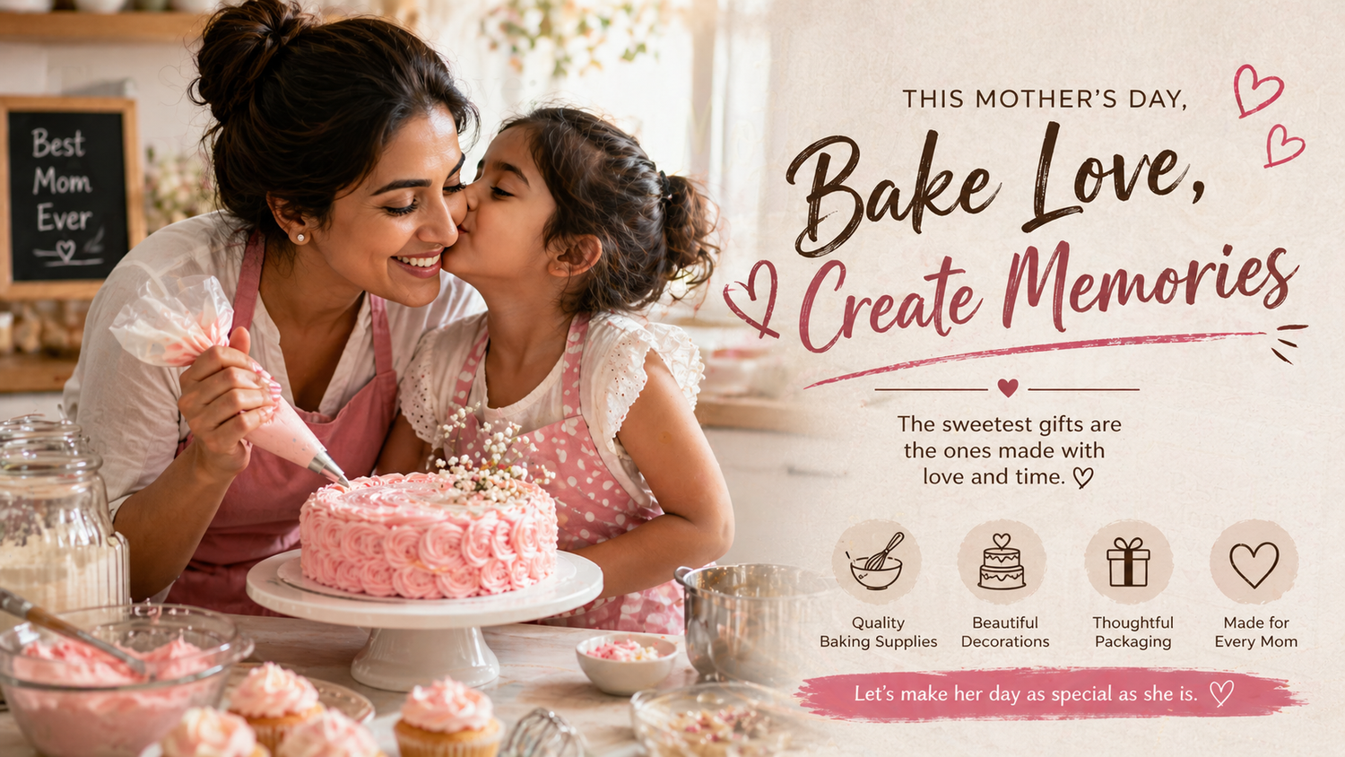 Mother’s Day baking scene with mom and child decorating cake, featuring baking supplies, cupcakes, and heartfelt homemade gift concept