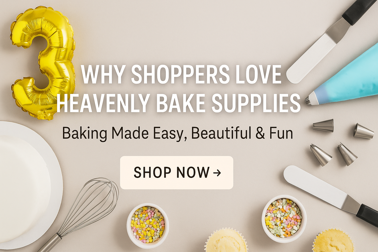 Promotional banner featuring essential baking tools including a gold number 3 balloon, piping bag, spatulas, whisk, cupcake liners, and colorful sprinkles, with the headline "Why Shoppers Love Heavenly Bake Supplies