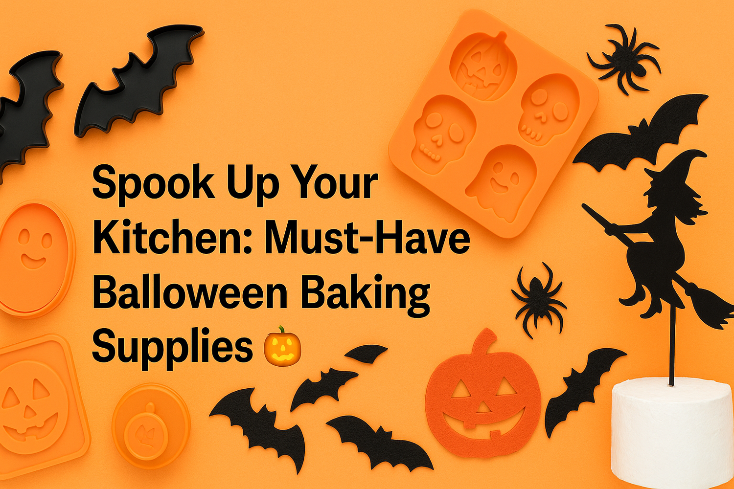 Flat lay of Halloween baking supplies on an orange background, including pumpkin and ghost cookie cutters, skull molds, witch cake topper, bats, and spider decorations with text ‘Spook Up Your Kitchen: Must-Have Halloween Baking Supplies.