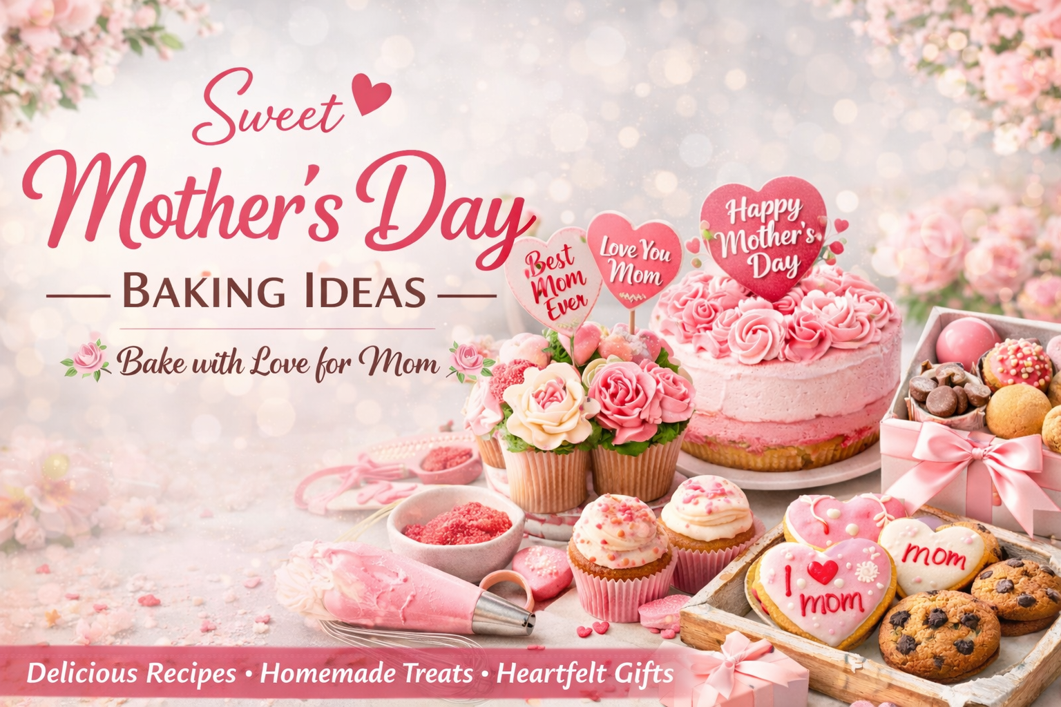 Mother’s Day baking banner featuring pink cake, cupcakes, heart-shaped cookies, and gift box with floral decorations and “Sweet Mother’s Day Baking Ideas
