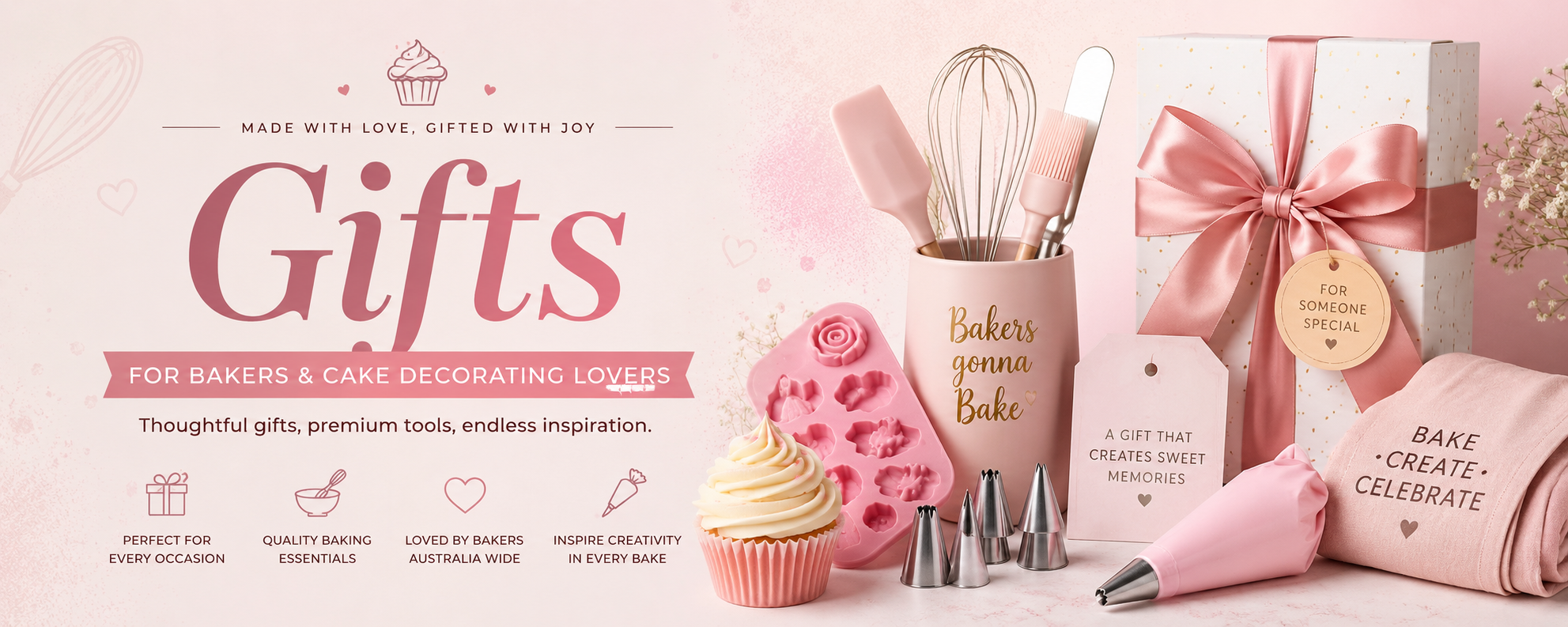 Elegant Gifts collection banner for Heavenly Bake Supplies featuring premium baking tools, cake decorating accessories, gift box, piping bags, cupcake, silicone moulds, and thoughtful gift ideas for bakers across Australia.