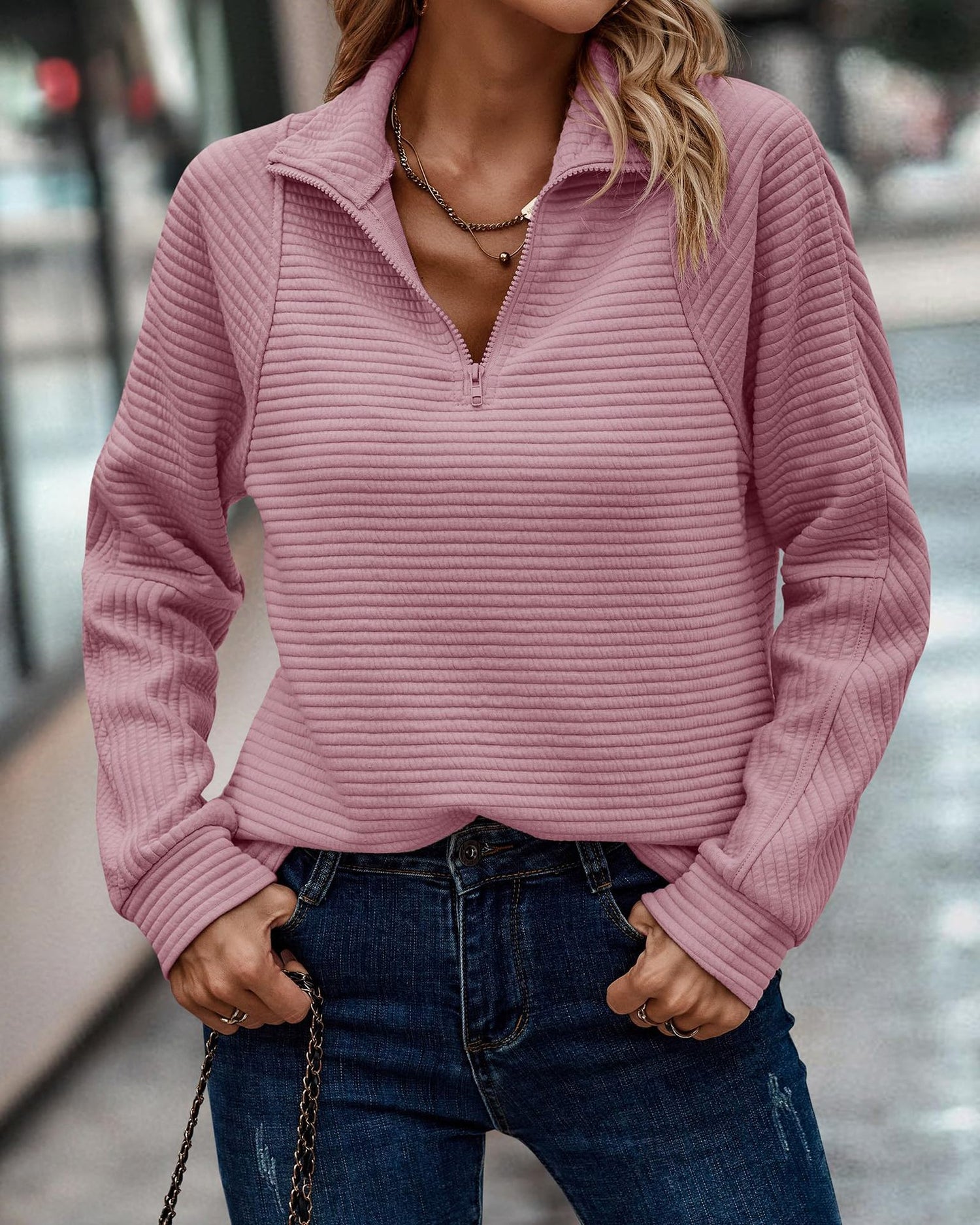 Zipper Stand Collar Pullover Sweatshirt Fashion Solid Striped Long Sleeve Top Spring And Autumn Women&