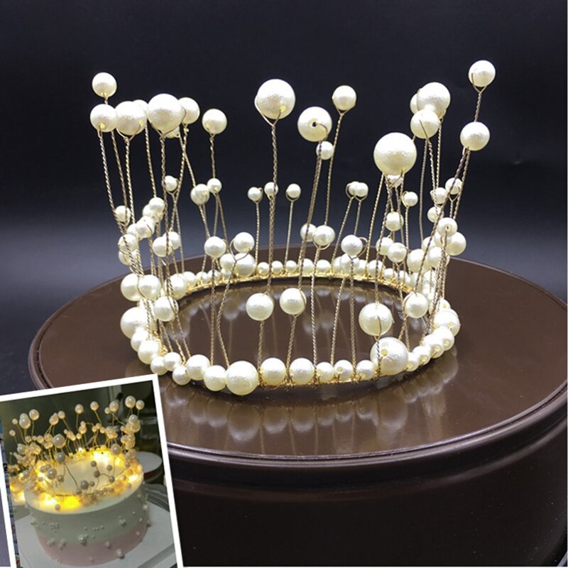 Metal Pearl Princess Crown Cake Topper Artificial Pearls Headdress Wedding Cake Decorating Baby Shower Birthday Topper Handmade