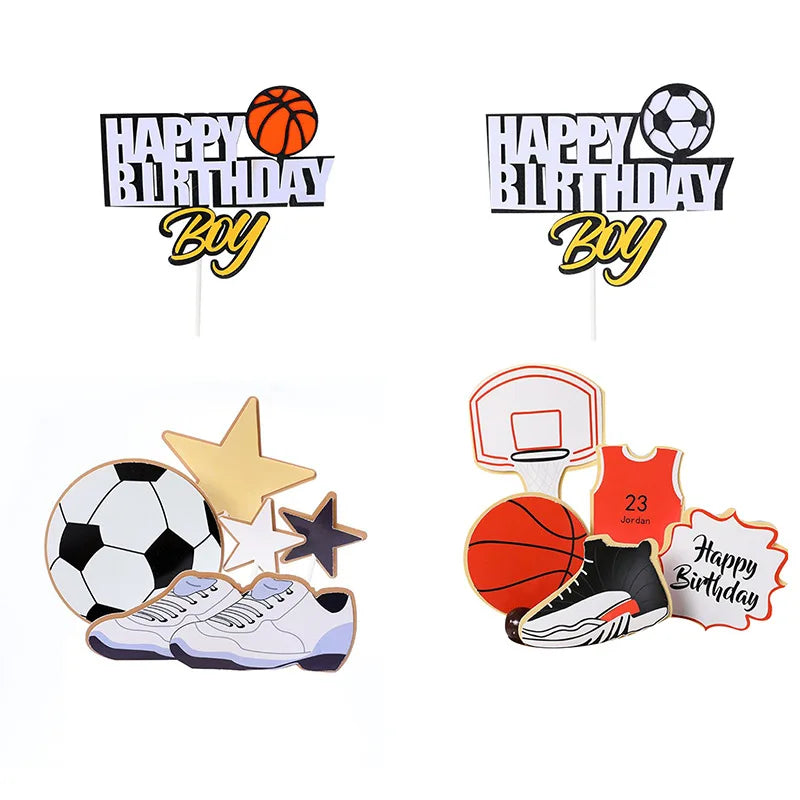 Basketball Football Cupcake Topper Sports Theme Happy Birthday Cake Flage For Kids Boy Birthday Party Cake Decoration Supplies