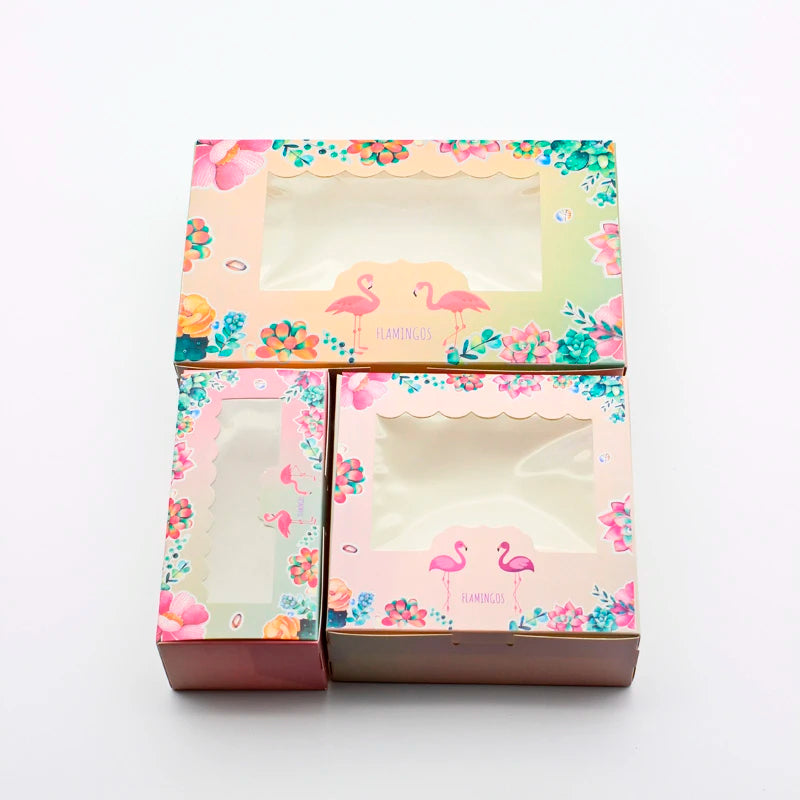 3 Size Flamingo Decoration Favor Paper Gift Packaging Box WIth Window Party Sweet Cake Gift Boxes Wedding Supplies 100pcs/lot