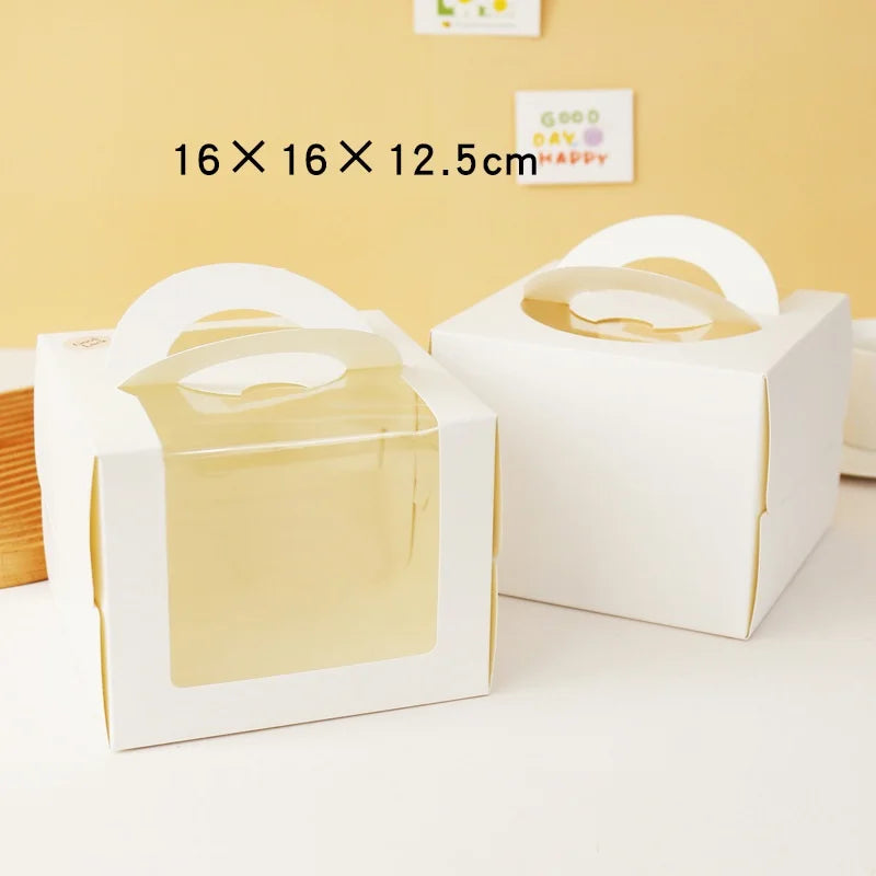 100Pcs/Lot 4 Inch Cartoon Window White Cake Box With Handle Kraft Paper Cheese Cake Box Kids Birthday Wedding Home Party Supply